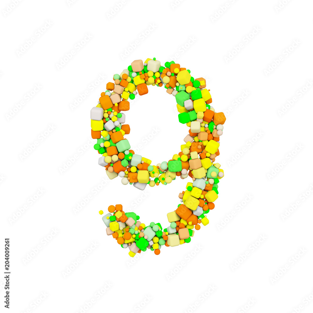 Alphabet number 9. Funny font made of orange, green and yellow shape cube. 3D render isolated on white background. Alphabet number 9. Funny font made of orange, green and yellow shape cube. 3D render isolated on white background.