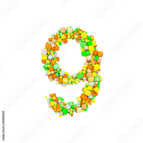 Alphabet number 9. Funny font made of orange, green and yellow shape cube. 3D render isolated on white background.
