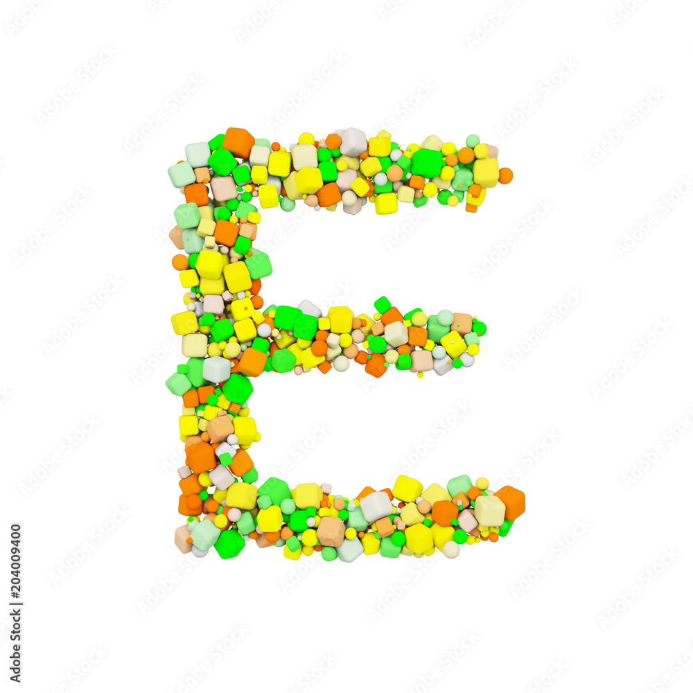 Alphabet letter E uppercase. Funny font made of orange, green and yellow shape cube. 3D render isolated on white background.