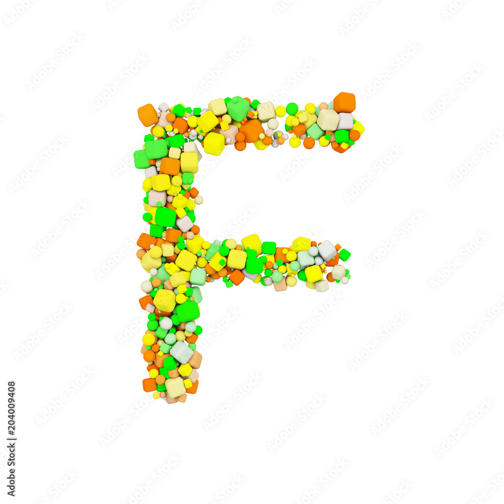 Alphabet letter F uppercase. Funny font made of orange, green and yellow shape cube. 3D render isolated on white background. Alphabet letter F uppercase. Funny font made of orange, green and yellow shape cube. 3D render isolated on white background.