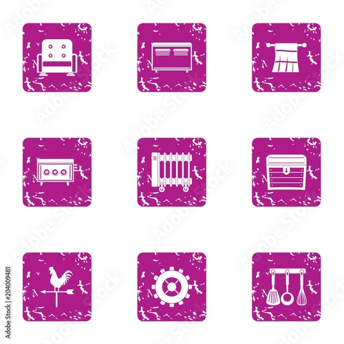 Home comfort icons set, grunge style