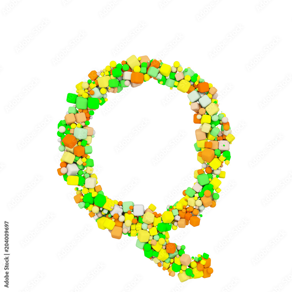 Alphabet letter Q uppercase. Funny font made of orange, green and yellow shape cube. 3D render isolated on white background. Alphabet letter Q uppercase. Funny font made of orange, green and yellow shape cube. 3D render isolated on white background.