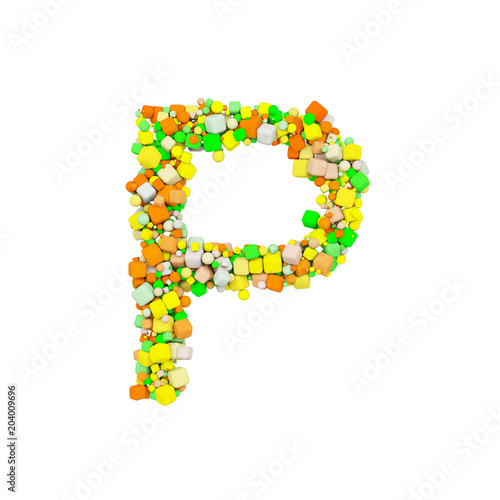 Alphabet letter P uppercase. Funny font made of orange, green and yellow shape cube. 3D render isolated on white background.