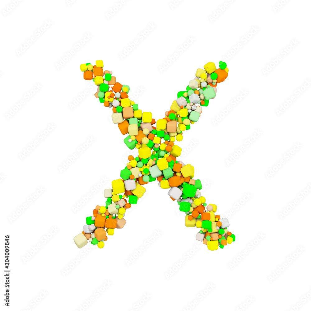 Alphabet letter X uppercase. Funny font made of orange, green and yellow shape cube. 3D render isolated on white background. Alphabet letter X uppercase. Funny font made of orange, green and yellow shape cube. 3D render isolated on white background.