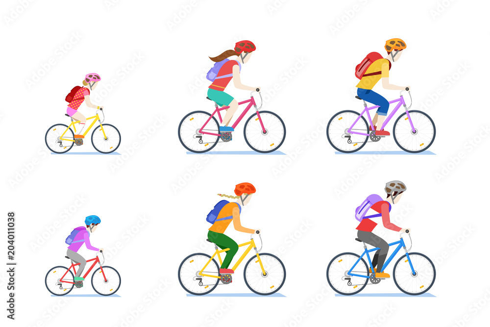 Cycling family isolated on white background. Vector flat style cartoon illustration of mom, dad and child riding bikes Cycling family isolated on white background. Vector flat style cartoon illustration of mom, dad and child riding bikes