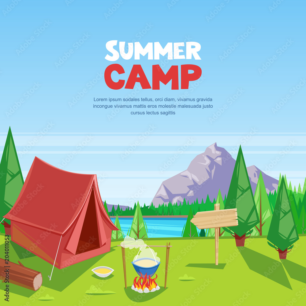 Summer camping vector cartoon illustration. Adventures, travel and eco tourism concept. Touristic camp tent on meadow.