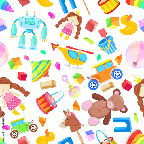 Kids toys vector seamless pattern. Color toy for baby boy and girl, cartoon illustration. Cute white background print.