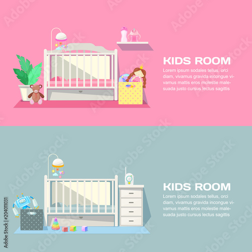 Baby girl and boy rooms modern interior, vector banner. Nursery bedroom furniture, toys and design elements for newborn