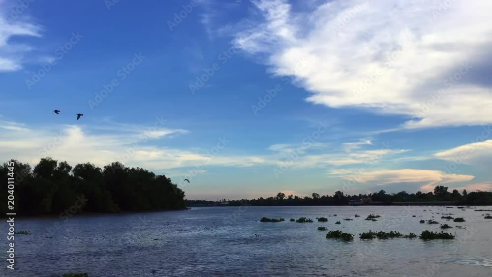 Time lapse River bend Bang pakong River and blue sky White cloud Water is flowing Time lapse River bend Bang pakong River and blue sky White cloud Water is flowing