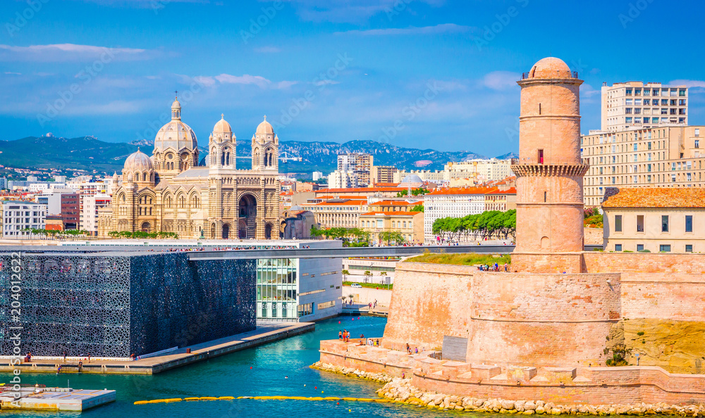 Saint Jean Castle and Cathedral de la Major and the old Vieux port in Marseille, France