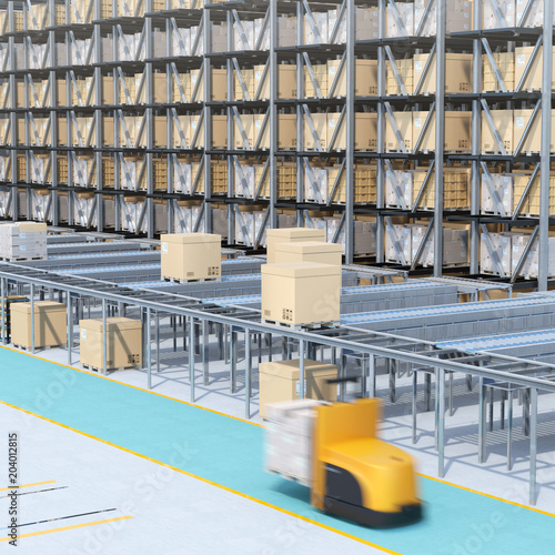 Modern Automated Logistics Center's interior. AGV and autonomous forklift carrying goods. Concept for automated logistics solution.