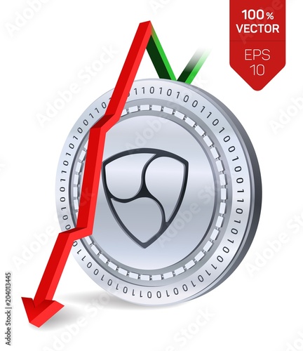 Nem. Fall. Red arrow down. Nem index rating go down on exchange market. Crypto currency. 3D isometric Physical Silver coin isolated on white background. Vector illustration.