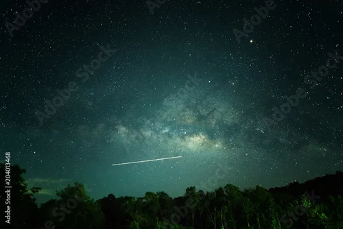 Obraz Ciemna noc z wieloma jasnymi gwiazdami, Rozległe niebo w nocy krajobraz z mleczną drogą i różne gwiaździste nad lasem