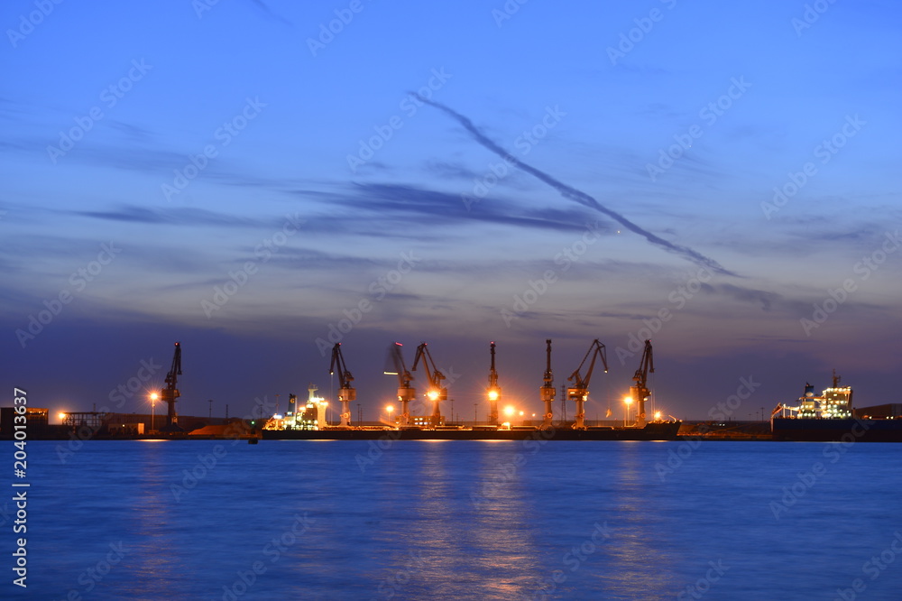 Fototapeta premium Port crane bridge and bulk carrier