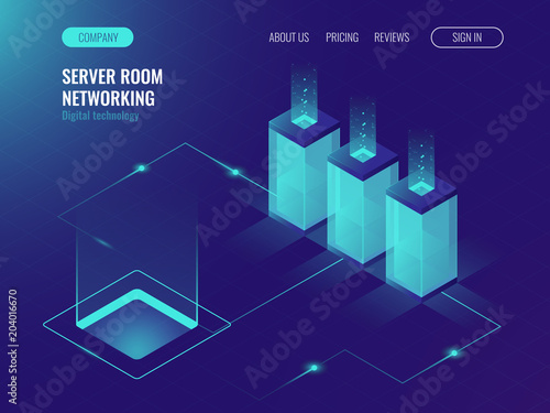 Server room banner, web hosting and processing of big data concept, ultraviolet isometric vector illustration
