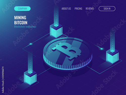 Server room for mining crypto currency bitcoin, computer technology web page, data center, cloud processing services ultraviolet isometric vector illustration