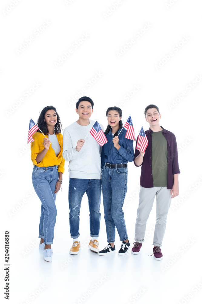 smiling multiethnic students with usa flags isolated on white smiling multiethnic students with usa flags isolated on white