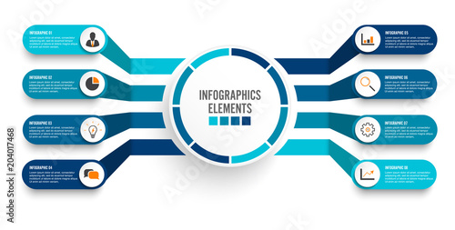 Vector infographic template with 3D paper label, integrated circles. Business concept with 8 options. For content, diagram, flowchart, steps, parts, timeline infographics, workflow, chart. photo