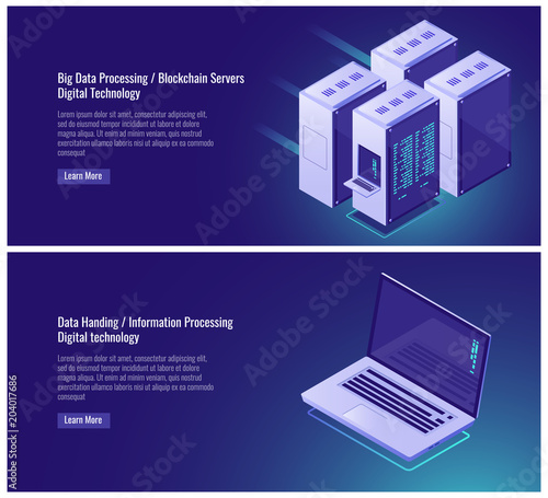 Big data processing, blockchain, digital technology, server room rack, isometric laptop vector illustration on ultraviolet background