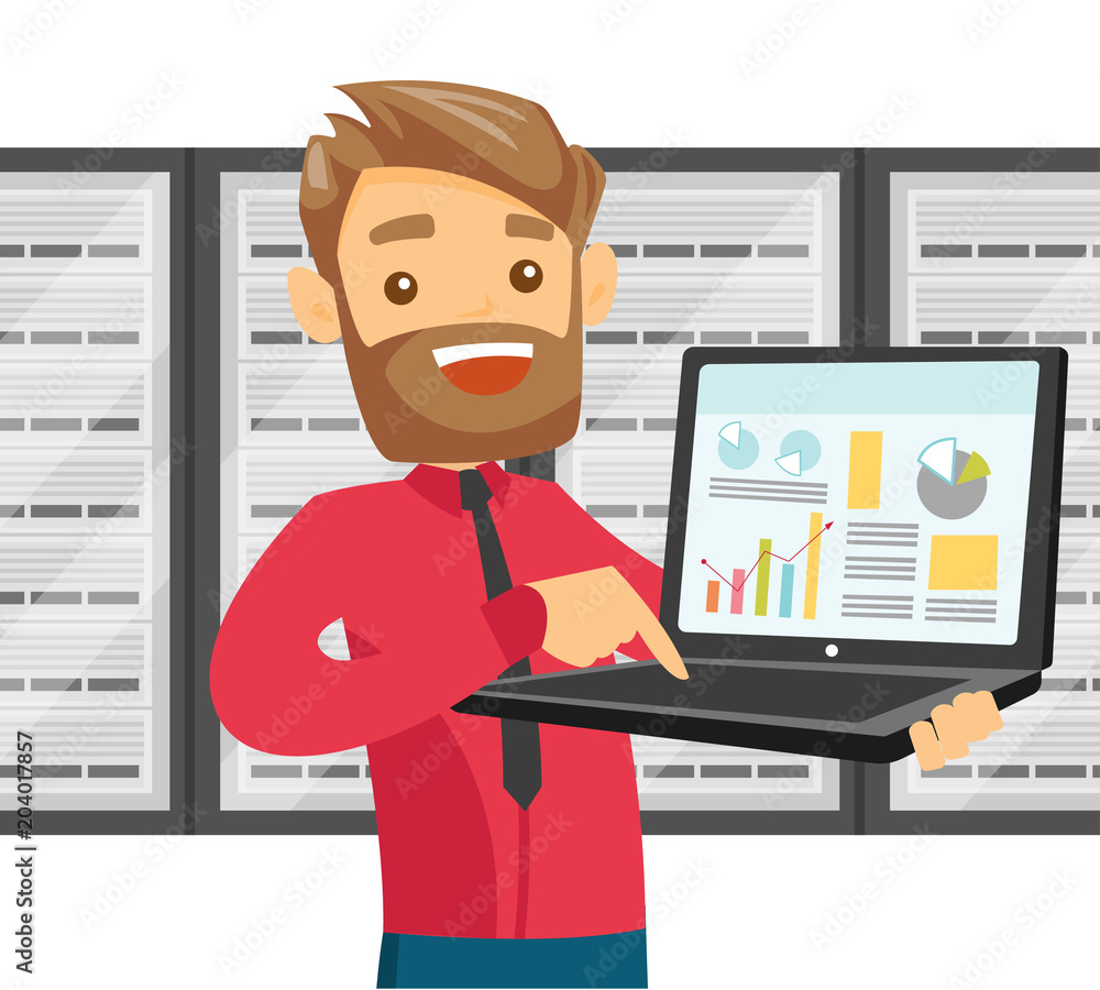 White it engineer in server room with a computer in hands and servers on the background. Concept of data storage system and big data. Vector cartoon illustration isolated on white background. White it engineer in server room with a computer in hands and servers on the background. Concept of data storage system and big data. Vector cartoon illustration isolated on white background.