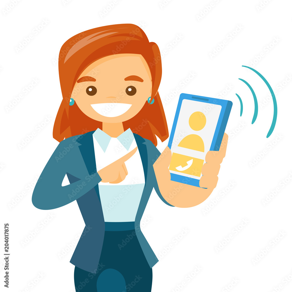 Young white woman holding a smartphone in hand. Ringing cellphone of  businesswoman expecting a call. Concept of connection, mobility, network.  Vector cartoon illustration isolated on white background. Stock Vector |  Adobe Stock