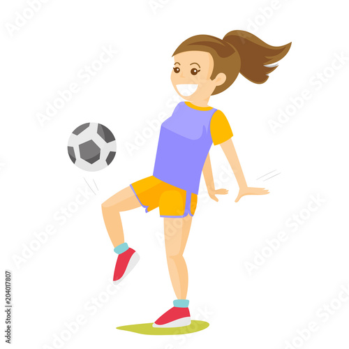 Young caucasian white football player with a ball. Professional sportsman playing soccer. Concept of health, sport and physical activity. Vector cartoon illustration isolated on white background.
