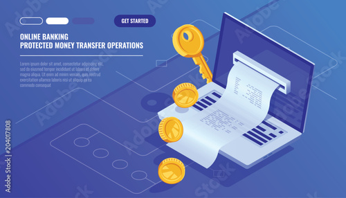 Online banking, internet electronic bill receipt, protection money transaction, mobile bank, laptop with paper receipt isometric vector technology