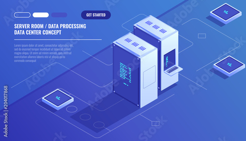 Server room, data center, Concept of cloud storage, data transfer, data transfer scheme isometric vector technology