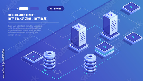 Computation of big data center, information processing, database. internet traffic routing, server room rack isometric vector technology