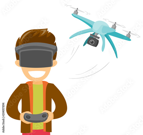 A white man in virtual reality headset with a remote controle and a drone. Virtual reality technology used to control the flight of a drone. Vector cartoon illustration isolated on white background.