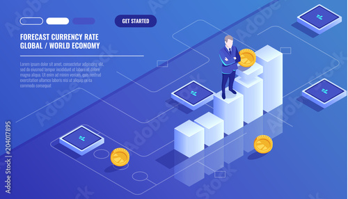 Forecast currency rate, businessman stay on graphic chart, business diagram, investment in modern technology, money management aacounting isometric vector technology