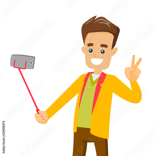 A white man making selfie on his cellphone with a selfie stick. Smartphone shooting a photo for social media. Vector cartoon illustration isolated on white background.