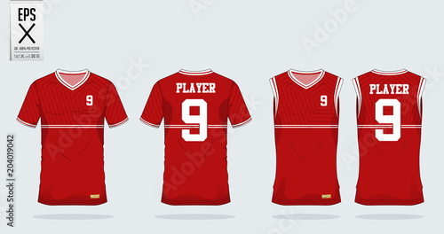 Red pentagon t-shirt sport design template for soccer jersey, football kit and tank top for basketball jersey. Sport uniform in front and back view. Tshirt mock up for sport club. Vector Illustration.