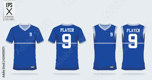 Blue Star t-shirt sport design template for soccer jersey, football kit and tank top for basketball jersey. Sport uniform in front and back view. Tshirt mock up for sport club. Vector Illustration.