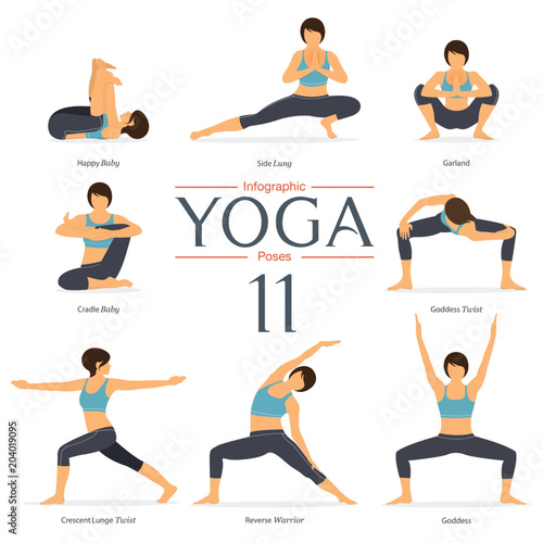 Set of 8 yoga poses in flat design . Woman figures exercise in blue sportswear and black yoga pant for yoga infographics. Vector Illustration.