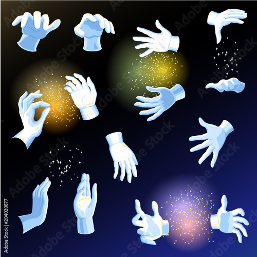 Magic hands vector magician or illusionist holding magical wand or glow ball in arms illustration of cartoon character hands showing mystery performance isolated on background