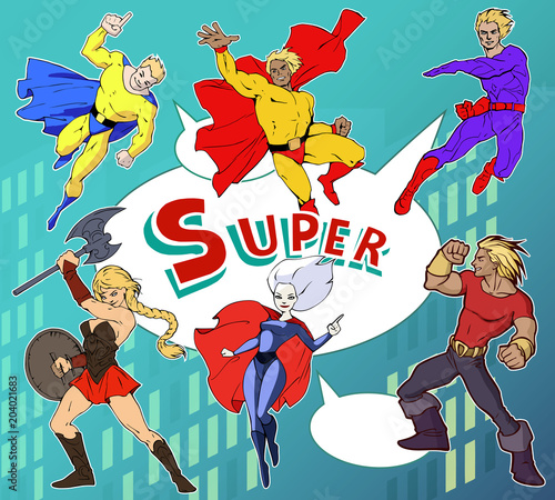 Bright and colorful cartoon set of funny and awesome team of amazing super characters in cool costumes 