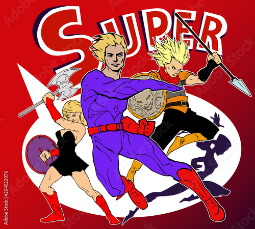 Bright and colorful cartoon set of funny and awesome team of amazing super characters in cool costumes 