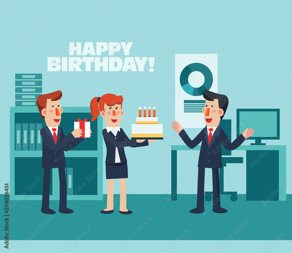 Business people celebrating a birthday in office Business people celebrating a birthday in office