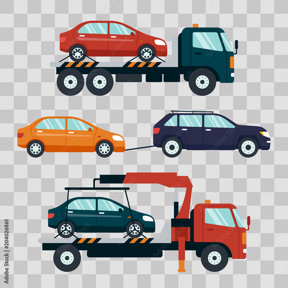 Set of cars evacuating broken or damaged auto on transparent background. Evacuator carrying car to the parking lot. Repair service vector illustration