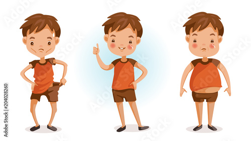 Fat and thin.Boy of full figured portraits. Changes in body weight. Three forms. fat, thin, slender, bad, excellent. Children's health and growth concept. Vector illustrations isolated