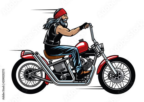 old man biker riding chopper motorcycle