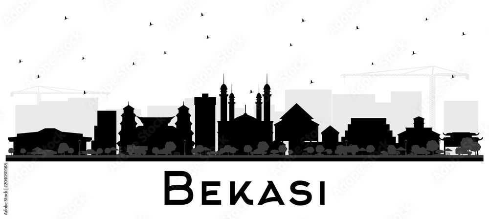 Bekasi Indonesia City Skyline Silhouette with Black Buildings Isolated on White.