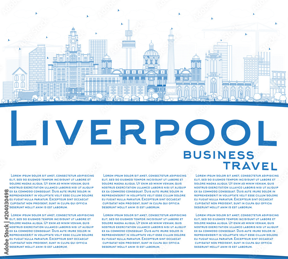 Outline Liverpool Skyline with Blue Buildings and Copy Space. Outline Liverpool Skyline with Blue Buildings and Copy Space.