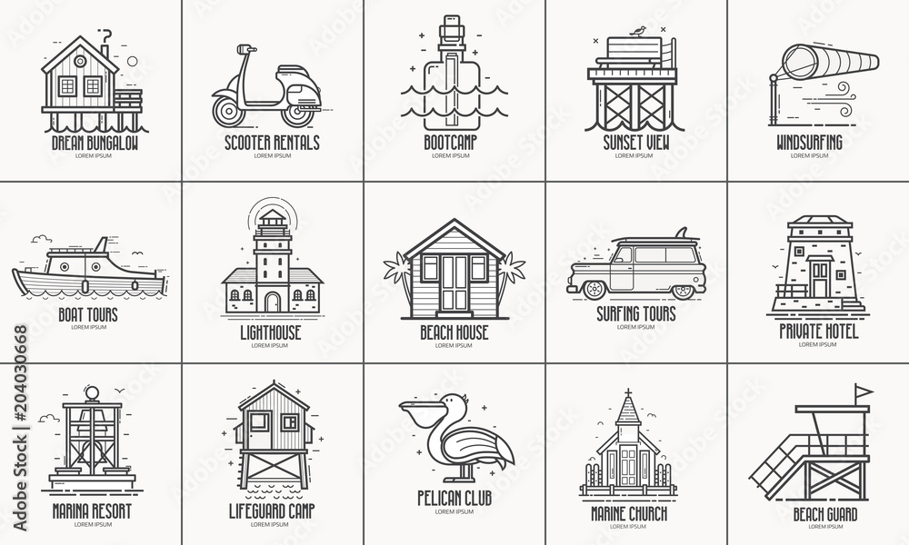 Beach resort logo and labels collection. Seaside town places and infrastructure icons for tourist travel agency UI applications. Summer sea vacation icon set in line art. Logotype templates.