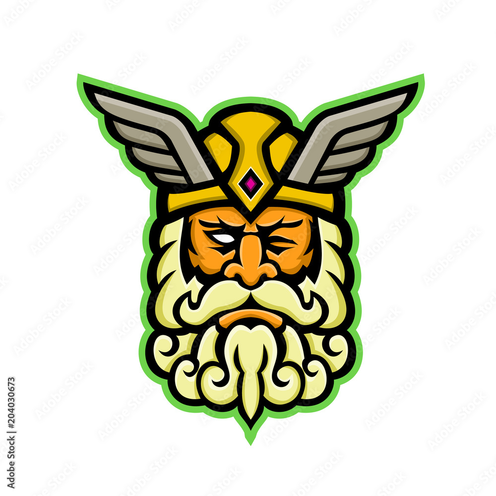 Mascot icon illustration head of Odin, also called Wodan, Woden, or one of the principal gods in Norse mythology viewed from front on background in retro style. Stock Vector