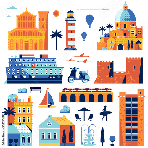 Travel island creator set. Maps and infographic elements. Church, lighthouse, cruise ship, scooter and houses. Mediterranean sea town or village constructor. Seaside shore construction objects.