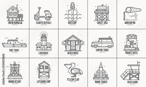 Beach resort logo and labels collection. Seaside town places and infrastructure icons for tourist travel agency UI applications. Summer sea vacation icon set in line art. Logotype templates.