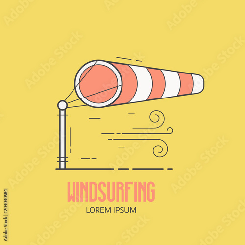 Windsurfing logo with inflated striped windsock on airport runway. Wind bag logotype or label template in thin line design. Windy weather meteorologic vector icon.