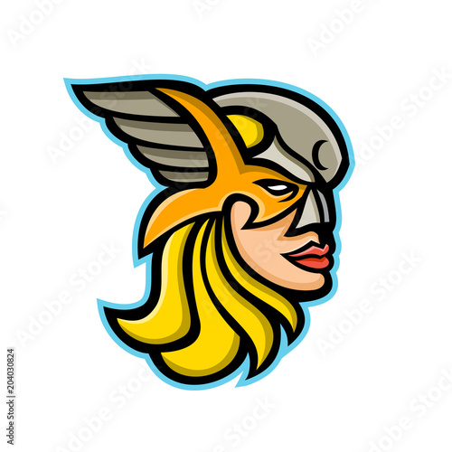 Mascot icon illustration of head of a valkyrie or valkyrja, a female warrior in Norse mythology viewed from front on isolated background in retro style.